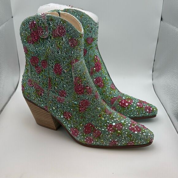 Betsey Johnson Women's Diva Western Boot SIZE 9.5 COLOR MINT FLORAL NEW - Picture 1 of 7